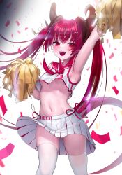 Rule 34 | 1girl, :d, absurdres, arm up, armpits, blush, bracelet, breasts, cheerleader, crop top, dragon girl, dragon horns, dragon tail, hair ornament, hand up, heart, heart hair ornament, highres, holding, holding pom poms, horns, jewelry, long hair, looking at viewer, navel, neckerchief, no bra, open mouth, original, pleated skirt, pom pom (cheerleading), pom poms, red eyes, red hair, red neckerchief, red sailor collar, sailor collar, shirt, skirt, sleeveless, sleeveless shirt, small breasts, smile, solo, standing, star (symbol), star hair ornament, stomach, sweat, tail, thighhighs, twintails, underboob, very long hair, white background, white shirt, white skirt, white thighhighs, yjs0803123