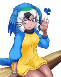 Rule 34 | 1girl, adansosutega, bird girl, bird tail, bird wings, black hair, blue-and-yellow macaw (kemono friends), blue eyes, blue hair, blue sweater, blush, commentary request, dark-skinned female, dark skin, green hair, head wings, highres, kemono friends, looking at viewer, multicolored hair, short hair, sitting, sleeves past elbows, smile, solo, sweater, tail, thighs, turtleneck, turtleneck sweater, two-tone sweater, waving, white background, white hair, wings, yellow sweater