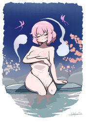 Rule 34 | 1girl, absurdres, bathing, blush, branch, breasts, bug, butterfly, cherry blossoms, cleavage, closed eyes, covering privates, flower, ghost, highres, hitodama, insect, john (a2556349), large breasts, naked towel, nude cover, onsen, partially submerged, pink flower, pink hair, saigyouji yuyuko, short hair, smile, soaking feet, solo, touhou, towel, tree, wavy hair