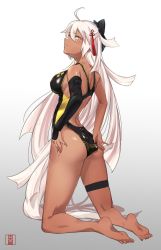 Rule 34 | 1girl, ahoge, arm warmers, barefoot, black one-piece swimsuit, competition swimsuit, dark-skinned female, dark skin, fate/grand order, fate (series), from behind, full body, gold trim, gradient background, kneeling, koha-ace, logo, long hair, murio, okita souji (fate), okita souji alter (fate), one-piece swimsuit, single arm warmer, skin tight, solo, swimsuit, thigh strap, very long hair, white background, white hair, yellow eyes