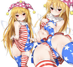 Rule 34 | 1girl, adapted costume, alternate legwear, american flag legwear, american flag panties, american flag shirt, ass, bare shoulders, blonde hair, blush, clownpiece, collar, fairy wings, frilled collar, frilled shirt collar, frills, from below, greatmosu, groin, hat, heart, heart-shaped pupils, highres, jester cap, long hair, looking at viewer, multiple views, navel, neck ruff, no panties, open mouth, panties, red eyes, sleeveless, smile, star (symbol), symbol-shaped pupils, thighhighs, touhou, underwear, upskirt, wings