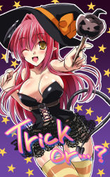 Rule 34 | 1girl, bare arms, bare shoulders, black dress, breasts, cleavage, collarbone, demon girl, demon tail, demon wings, dress, halloween, halloween costume, hat, head wings, jack-o&#039;-lantern, koakuma, large breasts, long hair, one eye closed, open mouth, pointy ears, red hair, see-through, smile, solo, star (symbol), strapless, strapless dress, striped clothes, striped thighhighs, tail, thighhighs, touhou, trick or treat, very long hair, wings, witch hat, yamu (reverse noise), yellow eyes, zettai ryouiki