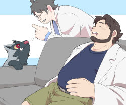 Rule 34 | 2boys, bara, beard, belly, birch (pokemon), brown hair, closed eyes, couch, couple, covered navel, creatures (company), dakimakura (medium), drooling, facial hair, fat, fat man, feet out of frame, finger to mouth, game freak, gen 3 pokemon, goatee stubble, green shorts, highres, jinnta4014, lab coat, male focus, mature male, motion lines, mouth drool, multiple boys, neroli (pokemon), nintendo, nodding, on couch, pokemon, pokemon rse, pokemon sleep, poochyena, short hair, shorts, shushing, sideburns stubble, sleeping, stubble, yaoi