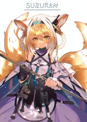Rule 34 | 1girl, animal ears, aqua hairband, arknights, bare shoulders, black gloves, blonde hair, braid, braided hair rings, character name, closed mouth, cowboy shot, dress, fox ears, fox girl, fox tail, frilled dress, frills, gloves, green eyes, hairband, highres, holding, holding staff, kitsune, looking at viewer, multiple tails, single glove, solo, soukou makura, staff, suzuran (arknights), tail, white dress