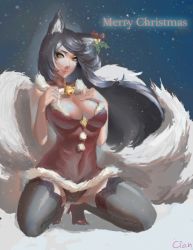 Rule 34 | 1girl, ahri (league of legends), alternate costume, animal ears, bell, black hair, black panties, black thighhighs, breasts, cian yo, cleavage, covered navel, dress, female focus, fox ears, fox tail, fur, hand on own chest, high heels, large breasts, league of legends, light smile, lingerie, lips, long hair, looking at viewer, merry christmas, multiple tails, off shoulder, panties, resized, revealing clothes, santa costume, shoes, short dress, sitting, sleeveless, sleeveless dress, smile, snow, snowing, solo, squatting, swept bangs, tail, thighhighs, tight clothes, underwear, wind, yellow eyes