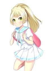 Rule 34 | 1girl, absurdres, backpack, bag, blonde hair, blush, braid, breasts, creatures (company), female focus, french braid, game freak, green eyes, hands up, highres, lillie (pokemon), looking at viewer, nintendo, pleated skirt, pokemon, pokemon sm, ponytail, red bag, shirt, short sleeves, simple background, skirt, small breasts, smile, solo, standing, standing on one leg, white background, white shirt, white skirt, yuihico