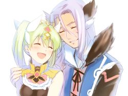 Rule 34 | 1boy, 1girl, :d, ^ ^, blush, breasts, closed eyes, diras, diras (rune factory), dylas (rune factory), closed eyes, facial mark, formal, frey (rune factory), green hair, hair between eyes, hair ribbon, hand on another&#039;s shoulder, light purple hair, long hair, medium breasts, niduca (hio touge), open mouth, parted lips, ribbon, rune factory, rune factory 4, sketch, smile, twintails, upper body, white background, white ribbon