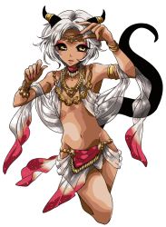 Rule 34 | 1girl, ano5102, breasts, dark skin, dark-skinned female, female focus, full body, gold, groin, harem outfit, horns, jewelry, parted lips, short hair, silver hair, simple background, small breasts, solo, tail, white background, yellow eyes