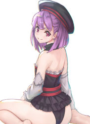 Rule 34 | 1girl, asarokuji, ass, back, bad id, bad pixiv id, bare legs, bare shoulders, barefoot, black dress, black hat, black panties, closed mouth, detached sleeves, dress, fate/grand order, fate (series), feet out of frame, from behind, hat, helena blavatsky (fate), highres, looking at viewer, looking back, panties, purple eyes, purple hair, short dress, short hair, simple background, sitting, smile, solo, underwear, wariza, white background
