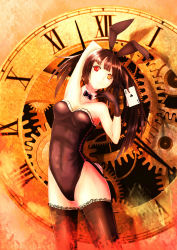 Rule 34 | 10s, 1girl, absurdres, animal ears, black gloves, black hair, black thighhighs, bow, bowtie, breasts, card, clock, clock eyes, date a live, detached collar, fake animal ears, female focus, gloves, heterochromia, highres, leotard, looking at viewer, playboy bunny, rabbit ears, rabbit tail, red eyes, samsafe, solo, symbol-shaped pupils, tail, thighhighs, tokisaki kurumi, twintails, yellow eyes