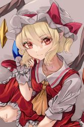 Rule 34 | 1girl, absurdres, ascot, bad id, bad twitter id, blonde hair, bow, breasts, closed mouth, collarbone, commentary request, crystal, flandre scarlet, from above, hair between eyes, hand up, hat, hat bow, highres, katsukare, light smile, looking at viewer, mary janes, mob cap, nail polish, one side up, petticoat, pointy ears, red bow, red eyes, red footwear, red nails, red skirt, red vest, shoes, short hair, short sleeves, sitting, skirt, small breasts, solo, touhou, vest, white hat, white legwear, wings, wrist cuffs, yellow ascot, yokozuwari