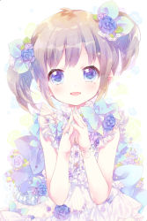 Rule 34 | 1girl, backlighting, blue eyes, blue flower, blue nails, blue rose, blush, brown hair, dress, ech, fingers together, flower, frilled dress, frills, hair flower, hair ornament, hands up, highres, looking at viewer, nail polish, open mouth, original, own hands together, rose, sidelocks, smile, solo, twintails, upper body, white dress