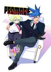 Rule 34 | 2boys, asymmetrical hair, bhh4321, blue eyes, blue hair, bouquet, character name, copyright name, flower, formal, full body, galo thymos, green hair, highres, lio fotia, looking at viewer, male focus, multiple boys, necktie, promare, purple eyes, shared chair, sidecut, sitting, spiked hair, suit, undercut