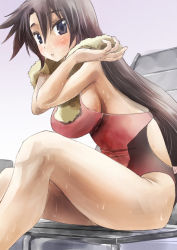 Rule 34 | 1girl, blue eyes, breasts, brown hair, character request, commentary request, competition swimsuit, copyright request, drying, large breasts, long hair, one-piece swimsuit, red one-piece swimsuit, sideboob, sitting, swimsuit, towel, towel around neck, very long hair, wet, yohane