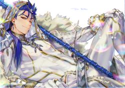 Rule 34 | 1boy, alternate color, armor, belt, blue hair, bodysuit, closed mouth, cosplay, crescent, cu chulainn (fate), earrings, english text, fate/grand order, fate/stay night, fate (series), g0ringo, gae bolg (fate), gloves, hand on own knee, jewelry, cu chulainn (fate/stay night), long hair, looking at viewer, male focus, nero claudius (bride) (fate), nero claudius (bride) (fate) (cosplay), nero claudius (fate), one eye closed, reclining, red eyes, shoulder armor, simple background, smile, solo, white background, white bodysuit, white gloves, white theme