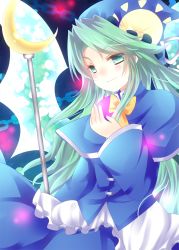 Rule 34 | 1girl, ajiriko, bad id, bad pixiv id, capelet, chain, crescent, demon wings, dress, green eyes, green hair, hat, long hair, long sleeves, matching hair/eyes, mima (touhou), skirt, smile, solo, staff, touhou, touhou (pc-98), wings, wizard hat