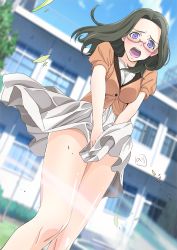 Rule 34 | 1girl, breasts, building, character request, cloud, glasses, highres, long hair, looking at viewer, nori (norimakigumo), open mouth, purple eyes, skirt, solo, tree