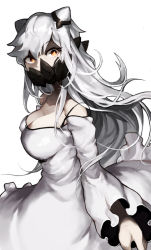 Rule 34 | 10s, 1girl, abyssal ship, breasts, cleavage, dress, female focus, horns, kantai collection, large breasts, long hair, looking at viewer, midway princess, mukka, off shoulder, pale skin, red eyes, solo, white dress, white hair
