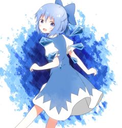 Rule 34 | 1girl, argyle, argyle background, argyle clothes, bad id, bad pixiv id, blue background, blue dress, blue eyes, blue hair, cirno, contrapposto, dress, from behind, gradient background, hair ribbon, looking at viewer, looking back, matching hair/eyes, nekoze, open mouth, puffy short sleeves, puffy sleeves, ribbon, short hair, short sleeves, solo, standing, touhou, wings