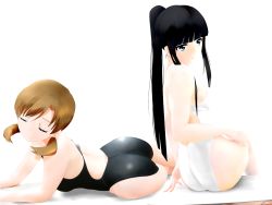 Rule 34 | 10s, 2girls, artist request, ass, back, bare shoulders, black hair, blue eyes, breasts, brown hair, closed eyes, highres, long hair, low twintails, mahouka koukou no rettousei, mitsui honoka, multiple girls, open mouth, ponytail, shiba miyuki, smile, swimsuit, twintails