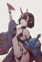 Rule 34 | 1girl, alcohol, bare shoulders, bigrbear, black hair, bob cut, bridal gauntlets, collarbone, covered erect nipples, cup, eyeshadow, fate/grand order, fate (series), gourd, headpiece, highres, horns, japanese clothes, kimono, looking at viewer, makeup, navel, oni, open clothes, open kimono, parted lips, pointy ears, pouring, pouring onto self, purple eyes, purple kimono, revealing clothes, sakazuki, sake, short eyebrows, short hair, shuten douji (fate), simple background, skin-covered horns, smile, solo