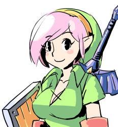 Rule 34 | 1girl, alternate hair color, artist request, blush, blush stickers, breasts, cleavage, elbow gloves, female focus, flat color, genderswap, genderswap (mtf), gloves, hat, large breasts, link, link (shounen captain), looking at viewer, master sword, medium breasts, nintendo, pink hair, pointy ears, shield, smile, solo, sword, the legend of zelda, the legend of zelda: a link to the past, tunic, upper body, weapon, white background