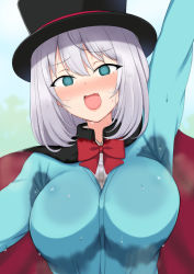 Rule 34 | 1girl, :d, @ @, arm up, black cape, black hat, blue cardigan, blue sky, blurry, blurry background, blush, bow, cape, cardigan, collared shirt, commentary request, day, denkaisui, depth of field, dress shirt, fang, green eyes, grey hair, hair between eyes, hat, highres, multicolored cape, multicolored clothes, nose blush, open mouth, outdoors, red bow, red cape, shirt, sky, smile, solo, sweat, tejina senpai, tejina senpai (series), top hat, white shirt