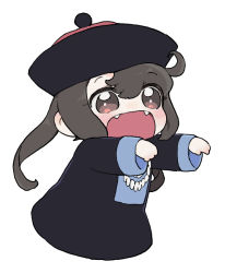 Rule 34 | 1girl, blush, brown eyes, brown hair, chibi, chinese clothes, copyright request, dress, hat, jiangshi, long hair, mizuno uchi, outstretched arms, simple background, solo, white background, zombie pose