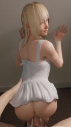 Rule 34 | 1boy, 1girl, 3d, against wall, aged down, animated, anus, ass, bent over, blender (medium), blonde hair, blue eyes, clothed female nude male, clothes lift, dress, dress lift, final fantasy, final fantasy xv, highres, lazyprocrastinator, looking at viewer, looking back, lunafreya nox fleuret, medium hair, no panties, nude, penis, pov, pussy, sex, sex from behind, standing, standing sex, uncensored, vaginal, video, white dress