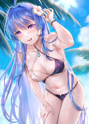 Rule 34 | 1girl, :d, absurdres, azur lane, beach, bikini, blue hair, blue nails, blush, breasts, cleavage, commentary request, flower, hair between eyes, hair flower, hair ornament, hand on own thigh, hand up, helena (azur lane), helena (shimmering triangle wave) (azur lane), highres, kurono hyouka, leaning forward, long hair, looking at viewer, medium breasts, nail polish, navel, open mouth, outdoors, palm tree, purple eyes, skindentation, smile, solo, sunlight, swimsuit, teeth, thighs, tree, two-tone bikini, upper teeth only, very long hair, white flower