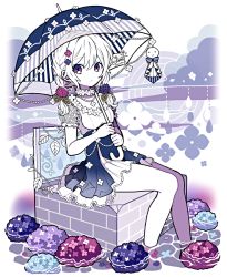 Rule 34 | 1girl, bench, blue skirt, blue umbrella, braid, cloud, colored skin, commentary request, dot nose, elina (e2n04n), flower, flower necklace, flower trim, frilled skirt, frilled sleeves, frills, hair between eyes, hair flower, hair ornament, holding, holding umbrella, hydrangea, hydrangea hair ornament, jewelry, lace sleeves, layered skirt, long hair, looking at viewer, multicolored eyes, necklace, original, parted lips, petals, petals on liquid, plant, purple eyes, rain, shirt, sidelocks, signature, sitting, skirt, soaking feet, solo, striped, striped umbrella, teruterubouzu, twin braids, umbrella, vines, water, water drop, white hair, white shirt, white skin