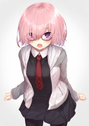 Rule 34 | 1girl, bare shoulders, blush, breasts, cleavage, commentary request, dress, elbow gloves, eyes visible through hair, fate/grand order, fate (series), glasses, gloves, hair over one eye, highres, jacket, large breasts, light purple hair, looking at viewer, mash kyrielight, medium breasts, navel, open mouth, pink hair, purple eyes, purple hair, reuri (tjux4555), short hair, simple background, smile, solo, white background