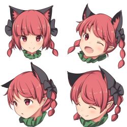 Rule 34 | 1girl, :o, ;d, ^ ^, animal ears, black bow, blush, bow, braid, cat ears, cat girl, character sheet, closed eyes, expressions, extra ears, closed eyes, fang, female focus, hair bow, kaenbyou rin, looking at viewer, multiple views, oimo (imoyoukan), one eye closed, open mouth, pointy ears, red eyes, red hair, simple background, smile, touhou, twin braids, white background
