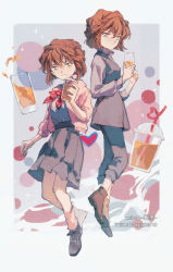 Rule 34 | 1girl, border, bow, bowtie, brown hair, closed mouth, cup, daylight919, grey pants, grey skirt, haibara ai, hair between eyes, highres, jacket, looking at viewer, meitantei conan, multiple views, pants, pink jacket, pleated skirt, red bow, red bowtie, short hair, skirt, smile, white border, yellow eyes