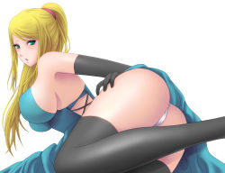 Rule 34 | 1girl, :o, adapted costume, ass, bad id, bad pixiv id, bare shoulders, black thighhighs, blonde hair, breasts, dress, elbow gloves, gloves, green eyes, impossible clothes, impossible dress, kukua (mosushi), large breasts, long hair, lying, metroid, nintendo, on side, panties, pantyshot, ponytail, samus aran, scrunchie, sideboob, solo, super smash bros., thighhighs, thighs, underwear, white panties