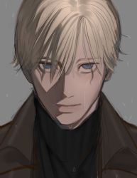 Rule 34 | 1boy, black sweater, blonde hair, blue eyes, brown coat, close-up, closed mouth, coat, cutiicosmo, empty eyes, eyes visible through hair, grey background, hair between eyes, highres, johan liebert, looking at viewer, monster (manga), pale skin, portrait, short hair, simple background, solo, sweater, turtleneck, turtleneck sweater, upper body, water, water drop, wet, wet hair