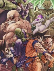 Rule 34 | 6+boys, angry, antennae, bald, beard, biceps, black eyes, black hair, broly (dragon ball z), cell (dragon ball), collarbone, colored skin, commentary request, dougi, dragon ball, dragonball z, facial hair, frieza, glaring, gloves, green skin, highres, kuririn, multiple boys, muscular, muscular male, mustache, muten roushi, nikuo, old, old man, open mouth, pectorals, piccolo, pointy ears, saiyan armor, serious, son goku, spiked hair, sunglasses, thick eyebrows, undershirt, vegeta, veins, white gloves, wristband
