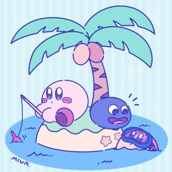 Rule 34 | absurdres, artist name, blipper, blue-framed eyewear, blue eyes, blue theme, blush, blush stickers, closed mouth, coconut, coconut tree, eye contact, fish, fishing, fishing rod, goggles, gooey (kirby), happy, highres, holding, holding fishing rod, island, kirby, kirby (series), looking at another, looking down, looking up, miwa (ahyuck), nintendo, no humans, notice lines, ocean, open mouth, palm tree, partially submerged, signature, simple background, slime (creature), smile, solid oval eyes, star (symbol), striped, striped background, tree, water