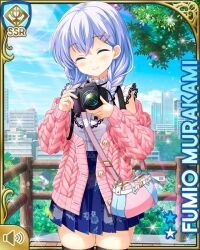 Rule 34 | 1girl, aqua eyes, bag, black thighhighs, blue dress, braid, camera, card (medium), closed eyes, closed mouth, day, dress, fence, front braid, girlfriend (kari), hair ornament, hair over shoulder, hairclip, handbag, long hair, long sleeves, looking at viewer, murakami fumio, official art, outdoors, pantyhose, pink sweater, qp:flapper, smile, solo, standing, sweater, tagme, thighhighs, twin braids, wooden fence
