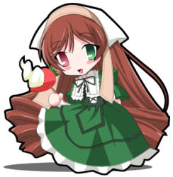 Rule 34 | 00s, 1girl, brown hair, chibi, chibi only, heterochromia, long hair, long sleeves, lowres, rozen maiden, simple background, solo, suiseiseki, very long hair, white background