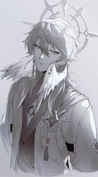 Rule 34 | 1boy, absurdres, arms behind back, badge, blue pupils, chikuwa (dr0603), closed mouth, coat, earrings, greyscale, halo, head wings, highres, honkai: star rail, honkai (series), jewelry, long sleeves, looking at viewer, male focus, medium hair, monochrome, sidelocks, solo, spiked halo, spot color, sunday (honkai: star rail), tassel, upper body, vest, wing piercing, wings, yellow eyes