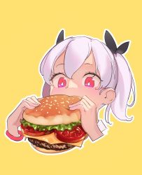 Rule 34 | + +, 1girl, black ribbon, bracelet, burger, commentary, cropped shoulders, eating, english commentary, food, hair ribbon, highres, holding, holding food, jewelry, milim nova, original, red eyes, ribbon, short hair, silver hair, simple background, solo, yellow background
