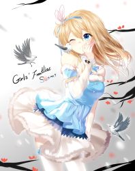 Rule 34 | 1girl, ^ ^, animal, animal ears, animal on shoulder, bad id, bad pixiv id, bare shoulders, bird, blonde hair, blue dress, blue eyes, blue ribbon, branch, character name, closed eyes, closed mouth, copyright name, dress, fake animal ears, floating hair, flower, fur-trimmed dress, fur collar, fur trim, girls&#039; frontline, hair between eyes, hair ornament, hair ribbon, hand up, highres, lepoule, long hair, long sleeves, looking away, looking to the side, nuzzle, off-shoulder dress, off shoulder, official alternate costume, one eye closed, rabbit ears, red flower, ribbon, see-through, short dress, snowflake hair ornament, solo, standing, suomi (girls&#039; frontline), suomi (korvatunturi pixie) (girls&#039; frontline), thighhighs, white background, white thighhighs