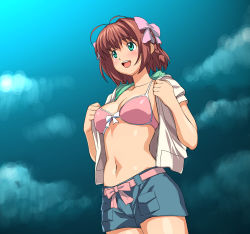Rule 34 | 1girl, a1 (initial-g), absurdres, amami haruka, amami haruka (cosplay), bikini, bikini top only, bikini under clothes, blush, braid, brown hair, cosplay, green eyes, hair ribbon, highres, idolmaster, idolmaster xenoglossia, kimi ga nozomu eien, lingerie, midriff, name connection, navel, open clothes, open mouth, open shirt, open skirt, parody, pink bikini, ribbon, shirt, short hair, shorts, side braid, skirt, solo, suzumiya haruka, swimsuit, swimsuit under clothes, underwear, undressing