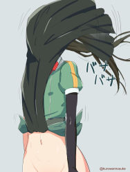 Rule 34 | 10s, 1girl, arms at sides, black gloves, blue background, bottomless, brown hair, covering face, elbow gloves, gloves, green shirt, groin, kantai collection, kurowan, loincloth, long hair, motion lines, navel, no panties, out-of-frame censoring, puffy short sleeves, puffy sleeves, shirt, short sleeves, simple background, single elbow glove, sketch, solo, standing, tone (kancolle), tone kai ni (kancolle), twitter username, wind