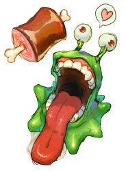Rule 34 | 1other, boned meat, commentary, digimon, digimon (creature), food, heart, highres, lower teeth only, meat, no humans, numemon, open mouth, p!k@ru, red eyes, saliva, simple background, solo, teeth, tongue, tongue out, upper teeth only, white background