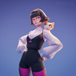 Rule 34 | 1girl, 1other, animal, animal on shoulder, black hair, black shorts, blouse, bright pupils, cat, cat on shoulder, cowboy shot, glasses, gradient background, hands on own hips, high-waist shorts, highres, leaning to the side, leggings, lisa (ilya kuvshinov), long sleeves, looking at another, medium hair, ninjason chan, orange cat, pink eyes, puffy sleeves, purple background, shirt, shorts, simple background, skin tight, standing, white pupils, white shirt