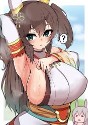 Rule 34 | 2girls, ?, absurdres, akizuki shigure, animal ears, armpits, blush, breasts, brown hair, commentary request, detached sleeves, ear covers, green eyes, grey background, grey hair, hair between eyes, highres, horse ears, horse girl, inari one (fields of gold) (umamusume), inari one (umamusume), large breasts, looking at viewer, multiple girls, obi, official alternate costume, official alternate hairstyle, presenting armpit, sash, short hair, sideboob, simple background, solo focus, spoken question mark, sweat, tamamo cross (umamusume), two side up, umamusume, white sleeves, wide sleeves