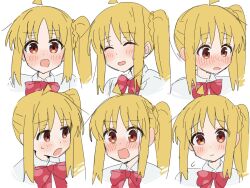 Rule 34 | 1girl, ahoge, asymmetrical hair, blonde hair, blush, bocchi the rock!, closed mouth, expressions, facing viewer, flying sweatdrops, highres, ijichi nijika, looking at viewer, looking to the side, open mouth, orange eyes, portrait, side ponytail, sidelocks, simple background, smile, sweat, to9 722, white background
