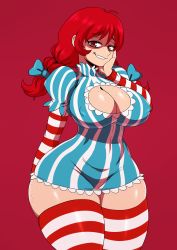Rule 34 | 1girl, breasts, cleavage, cleavage cutout, clothing cutout, covered erect nipples, curvy, dress, eric lowery, freckles, grin, highres, large breasts, long hair, looking at viewer, product girl, red eyes, red hair, smile, solo, striped clothes, striped dress, striped thighhighs, tagme, thick thighs, thighhighs, thighs, twintails, wendy&#039;s, wendy (wendy&#039;s), wide hips, zettai ryouiki